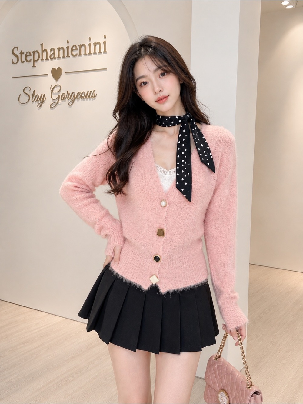 Women’s Pink Fuzzy V-Neck Cardigan – Mixed Button Soft Knit Sweater